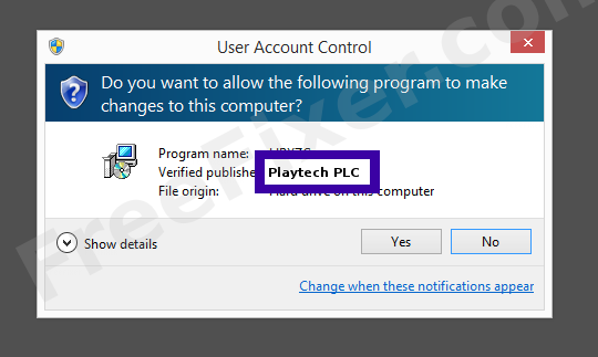 Screenshot where Playtech PLC appears as the verified publisher in the UAC dialog